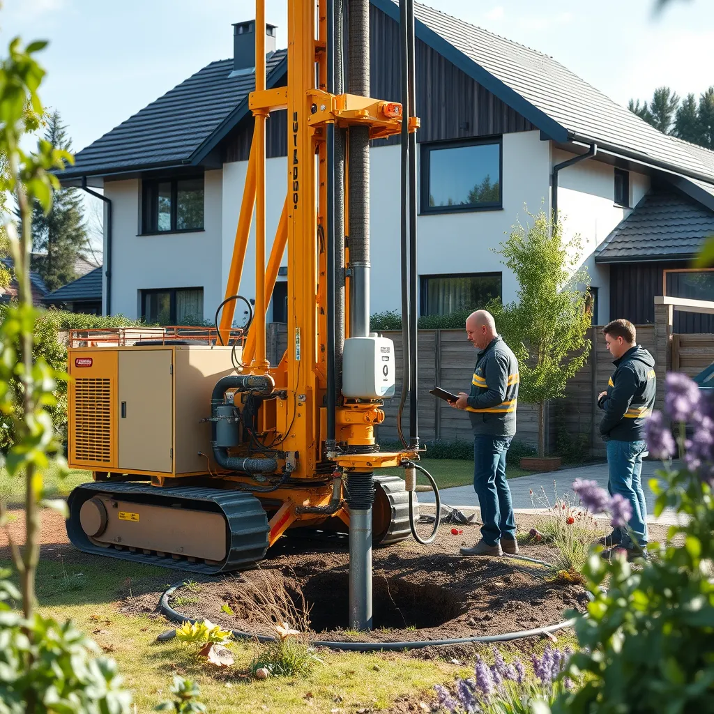 Bohrgerät für eine Sole-Wasser-Wärmepumpe im Garten eines Wohnhauses